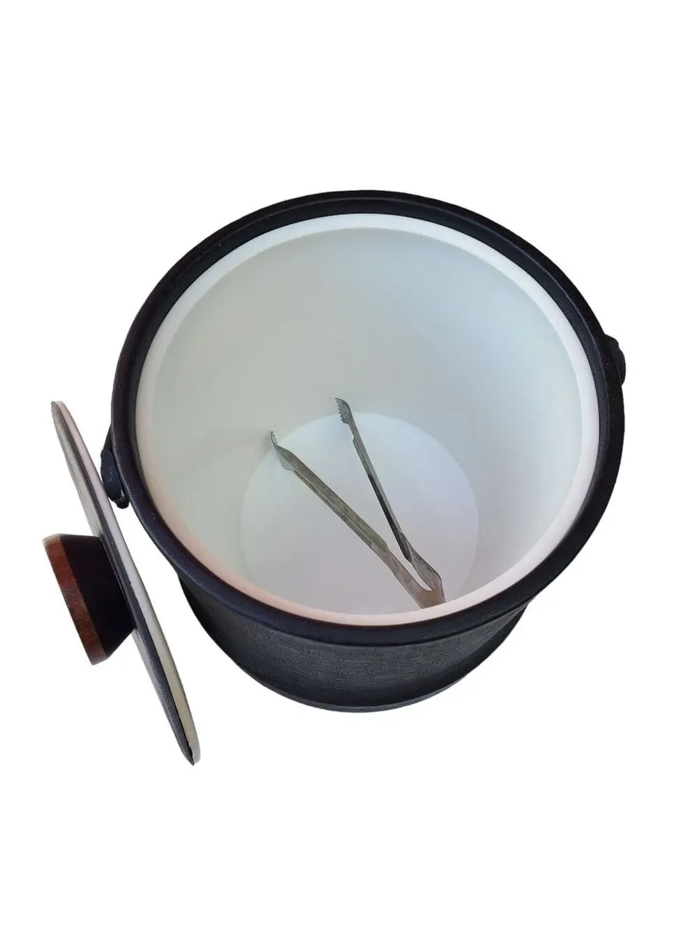 Vintage MCM faux leather Ice bucket with Lid and tongs